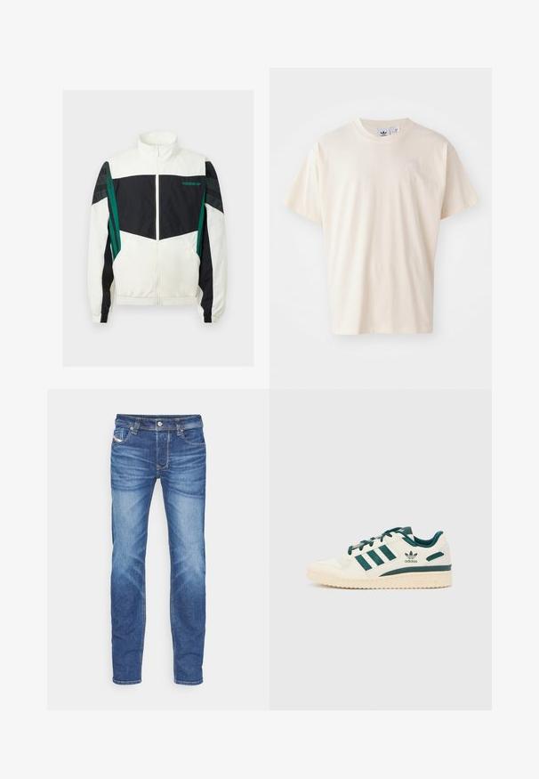 Bijela i crna jakna s kapuljačom s zelenim detaljima, s patentnim zatvaračem, visokim ovratnikom, elastičnim manžetama i horizontalnim prugama na rukavima.; Kremasta pamučna majica s okruglim izrezom i kratkim rukavima; sadrži mali, svijetli logotip na prsima.; Plave uske traperice s izblijedjelim efektom, prednji gumb, zatvarač na patentni zatvarač i dizajn s pet džepova na bijeloj pozadini.; Bijela tenisica s zelenim akcentima. Ima tri zelene pruge, teksturirani vrh čarape i logo sa strane. Gumeni potplat s teksturiranim uzorkom.
