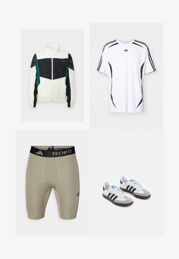 Coupe-vent noir et blanc avec des accents verts, doté d'une fermeture éclair, d'un col haut, de poignets élastiques et de rayures horizontales sur les manches.; T-shirt blanc à manches courtes avec des accents noirs sur les côtés et trois rayures noires sur les épaules. Comprend un petit logo noir sur la poitrine.; adidas Performance BASE SHORT - Leggings - silver pebble; Baskets avec une tige en cuir blanc, un bout en daim gris et trois bandes noires. Présente un logo bleu sur la languette et une semelle en caoutchouc texturée.