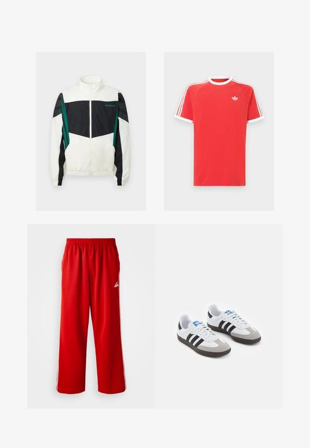 Corta-vento preto e branco com detalhes verdes, apresentando fecho com zíper, gola alta, punhos elásticos e riscas horizontais nas mangas.; T-shirt de algodão vermelho com gola e acabamentos das mangas brancos. Apresenta um design de três riscas brancas nos ombros e um pequeno logótipo branco no peito.; Calças de treino vermelhas com um cós elástico, apresentando riscas brancas nas laterais e um pequeno logótipo de marca no quadril esquerdo. Feitas de tecido leve.; Ténis desportivos com um cabedal em pele branca, biqueira em camurça cinza e três riscas pretas. Apresenta um logo azul na língua e uma sola de borracha texturizada.
