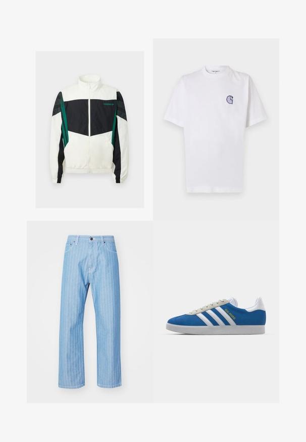 Valkoinen ja musta tuulitakki vihreillä yksityiskohdilla, jossa on vetoketjukiinnitys, korkea kaulus, joustavat hihansuut ja vaateen hihoissa vaakasuorat raidat.; Valkoinen puuvillainen lyhythihainen T-paita, jossa pyöreä kaula-aukko ja vasemmassa rinnassa pieni, kirjailtu sininen "C"-logo.; Vaaleansiniset farkut, joissa on pystysuora raitakuosi, suora lahkeensuula, napitus ja valkoinen tikkaus.; adidas Originals ADIDAS GAZELLE SHOES - Sisäjalkapallokengät - real madrid/bluebird/footwear white/crew yellow