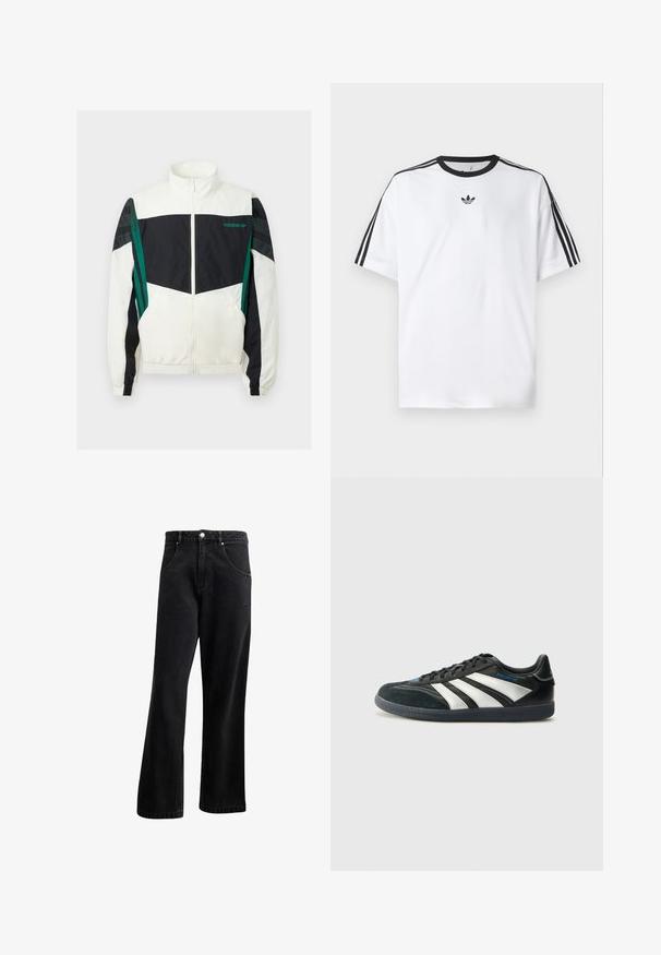 Corta-vento preto e branco com detalhes verdes, apresentando fecho com zíper, gola alta, punhos elásticos e riscas horizontais nas mangas.; Camiseta branca em algodão, com gola redonda preta e três riscas pretas em cada ombro. Pequeno logótipo preto no peito.; Jeans de ganga preta com um design de perna reta, apresentando bolsos frontais, fecho de botão e uma leve textura. Inclui um detalhe de logótipo discreto.; adidas Performance PREDATOR FREESTYLE JUDE INDOOR FOOTBALL SHOES - Botas de futebol de salão - core black/silver-coloured/glory blue
