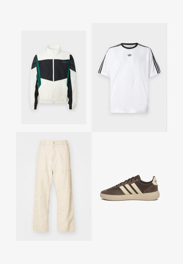 Giacca a vento bianca e nera con accenti verdi, dotata di chiusura con zip, colletto alto, polsini elasticizzati e righe orizzontali sulle maniche.; Maglietta bianca in cotone, con scollatura rotonda nera e tre strisce nere su ciascuna spalla. Piccolo logo nero sul petto.; Pantaloni larghi in lino color beige chiaro, con tasche frontali, chiusura a bottone e dettagli di cucitura a vista per un tocco di texture.; Sneaker in camoscio marrone con tre strisce bianche, punta arrotondata, suola spessa in gomma e marchio minimo sul tallone.
