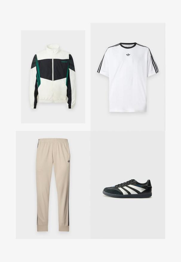 Białe i czarne wiatrówka z zielonymi akcentami, z zamkiem błyskawicznym, wysokim kołnierzem, elastycznymi mankietami oraz poziomymi paskami na rękawach.; Biała koszulka z bawełny, z czarnym okrągłym dekoltem i trzema czarnymi paskami na każdym ramieniu. Małe czarne logo na klatce piersiowej.; Beżowe spodnie sportowe z czarnymi bocznymi panelami, elastycznym paskiem w talii i zwężanymi mankietami. Wykonane z miękkiego materiału, z małym logo na biodrze.; adidas Performance JUDE BELLINGHAM PREDATOR FREESTYLE czarny