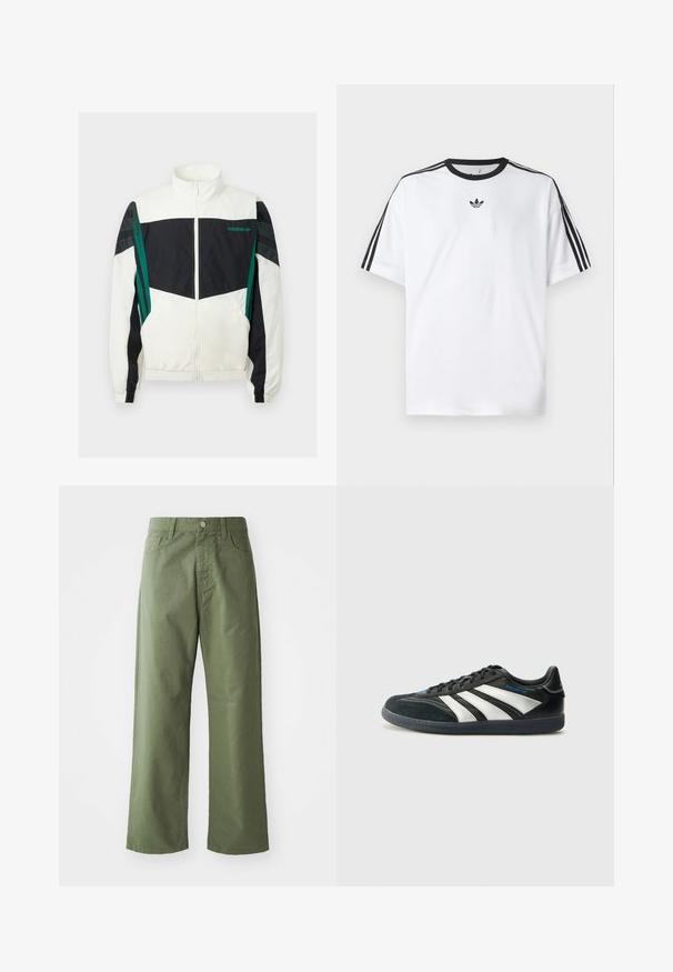 Balta un melna vēja jaka ar zaļiem akcentiem, ar rāvējslēdzēja aizdari, augstu apkakli, elastīgām aprocēm un horizontālām svītrām uz piedurknēm.; Baltā T-krekla izgatavots no kokvilnas, ar melnu apaļu kakla izgriezumu un trim melnām svītrām uz katra pleca. Mazs melns logo uz krūtīm.; Olive zaļas plaša kāju bikses, izgatavotas no kokvilnas. Iekļauj jostas cilpas, priekšējo pogu aizdari un sānu kabatas. Gluda tekstūra.; adidas Performance PREDATOR FREESTYLE JUDE INDOOR FOOTBALL SHOES - Futbola apavi iekštelpām - core black/silver-coloured/glory blue