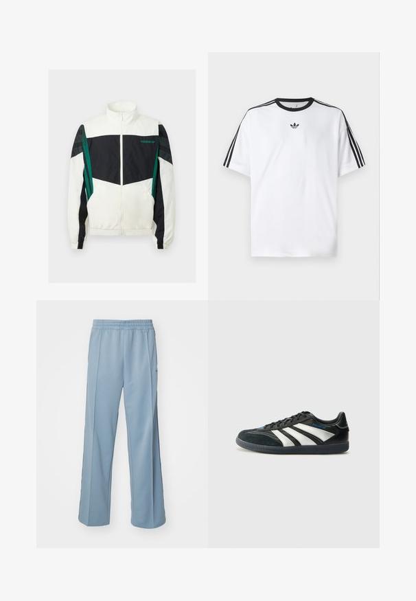 White and black windbreaker with green accents, featuring a zip closure, high collar, elastic cuffs, and horizontal stripes on the sleeves.; White T-shirt made of cotton, featuring a black round neckline and three black stripes on each shoulder. Small black logo on the chest.; Carhartt WIP BOLAN PANT - Tracksuit bottoms - dusty ice/positano; adidas Performance PREDATOR FREESTYLE JUDE INDOOR FOOTBALL SHOES - Indoor football boots - core black/silver-coloured/glory blue
