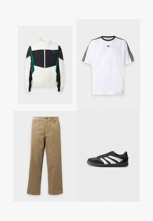 Jachetă de vânt albă și neagră cu accente verzi, având închidere cu fermoar, guler înalt, manșete elastice și dungi orizontale pe mâneci.; Tricou alb din bumbac, cu un guler rotund negru și trei dungi negre pe fiecare umăr. Logo mic negru pe piept.; Pantaloni din fâșie de culoare maro deschis, cu un croi drept, cinci buzunare și închidere cu buton. Țesătură texturată cu nervuri subtile.; adidas Performance PREDATOR FREESTYLE JUDE INDOOR FOOTBALL SHOES - Ghete de fotbal de sală - core black/silver-coloured/glory blue