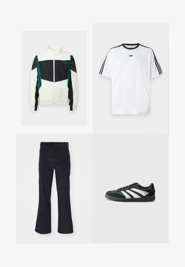 Corta-vento preto e branco com detalhes verdes, apresentando fecho com zíper, gola alta, punhos elásticos e riscas horizontais nas mangas.; Camiseta branca em algodão, com gola redonda preta e três riscas pretas em cada ombro. Pequeno logótipo preto no peito.; Calças de veludo cotelê pretas com um corte relaxado, apresentando uma cintura clássica e pernas largas, textura suave e sem padrões ou acentos visíveis.; adidas Performance PREDATOR FREESTYLE JUDE INDOOR FOOTBALL SHOES - Botas de futebol de salão - core black/silver-coloured/glory blue