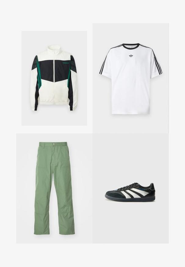 White and black windbreaker with green accents, featuring a zip closure, high collar, elastic cuffs, and horizontal stripes on the sleeves.; White T-shirt made of cotton, featuring a black round neckline and three black stripes on each shoulder. Small black logo on the chest.; Light green, relaxed-fit pants with a smooth texture, featuring side pockets and visible stitching details. Full-length with a straight leg design.; adidas Performance PREDATOR FREESTYLE JUDE INDOOR FOOTBALL SHOES - Indoor football boots - core black/silver-coloured/glory blue