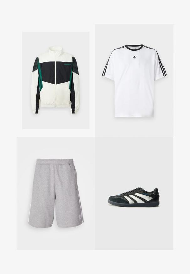 Hvit og svart vindjakke med grønne detaljer, som har glidelås, høy krage, elastiske mansjetter og horisontale striper på ermene.; Hvit T-skjorte laget av bomull, med svart rund hals og tre svarte striper på hver skulder. Liten svart logo på brystet.; Grå treningsshorts laget av en bomullsblanding. Har sidelommer, elastisk midje og hvite sidestreker. Klassisk design.; adidas Performance PREDATOR FREESTYLE JUDE INDOOR FOOTBALL SHOES - Innendørsfotballsko - core black/silver-coloured/glory blue
