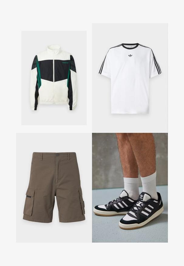 Λευκή και μαύρη αδιάβροχη ζακέτα με πράσινες λεπτομέρειες, διαθέτοντας φερμουάρ, ψηλό γιακά, ελαστικούς ιμάντες και οριζόντιες ρίγες στα μανίκια.; Λευκό T-shirt φτιαγμένο από βαμβάκι, με μαύρη στρογγυλή λαιμόκοψη και τρεις μαύρες ρίγες σε κάθε ώμο. Μικρό μαύρο λογότυπο στο στήθος.; Cargo σορτς σε ελιά, κατασκευασμένα από βαμβάκι, διαθέτουν δύο πλαϊνές τσέπες, κλείσιμο με κουμπί και σχέδιο ευθείας γραμμής.; Μαύρα και λευκά αθλητικά παπούτσια με άνω μέρος από σουέτ και δέρμα, featuring τρεις λευκές ρίγες, περατά δάχτυλα και σόλα από καουτσούκ τύπου γκαστ.