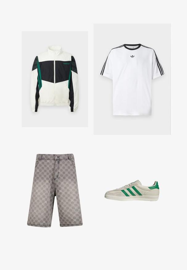 Coupe-vent noir et blanc avec des accents verts, doté d'une fermeture éclair, d'un col haut, de poignets élastiques et de rayures horizontales sur les manches.; T-shirt blanc en coton, doté d'un col rond noir et de trois rayures noires sur chaque épaule. Petit logo noir sur la poitrine.; Shorts en denim gris ornés d'un motif circulaire, avec un design traditionnel à cinq poches et des accents de couture visibles.; Baskets beiges avec des rayures vertes, dotées d'une semelle blanche et d'un dessus en cuir lisse. Vue de côté mettant en valeur les détails des lacets et le logo.