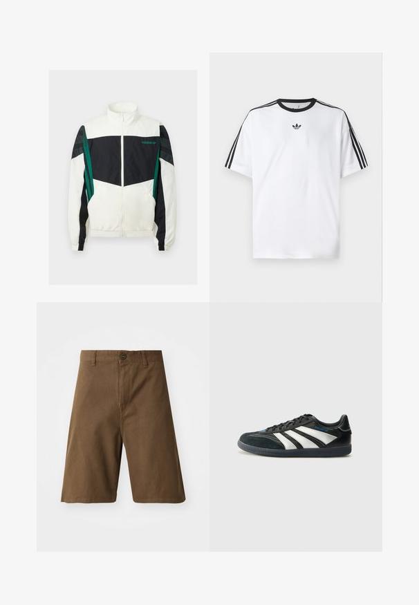 Giacca a vento bianca e nera con accenti verdi, dotata di chiusura con zip, colletto alto, polsini elasticizzati e righe orizzontali sulle maniche.; Maglietta bianca in cotone, con scollatura rotonda nera e tre strisce nere su ciascuna spalla. Piccolo logo nero sul petto.; Pantaloni corti in cotone marrone con taglio dritto, dotati di chiusura frontale con bottone, passanti per cintura e tasche laterali. Tessuto liscio e cuciture pulite.; adidas Performance PREDATOR FREESTYLE JUDE INDOOR FOOTBALL SHOES - Scarpe da calcio indoor - core black/silver-coloured/glory blue
