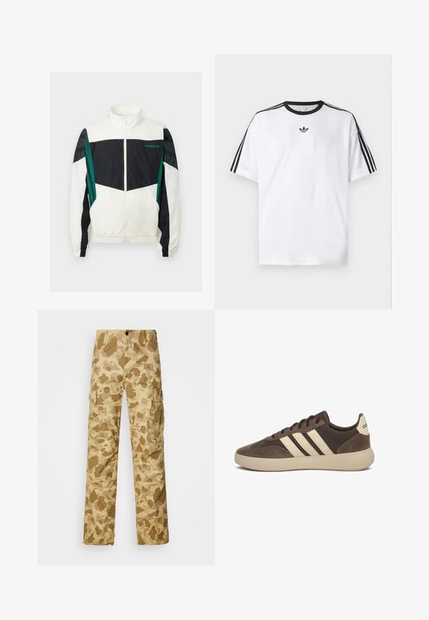 Giacca a vento bianca e nera con accenti verdi, dotata di chiusura con zip, colletto alto, polsini elasticizzati e righe orizzontali sulle maniche.; Maglietta bianca in cotone, con scollatura rotonda nera e tre strisce nere su ciascuna spalla. Piccolo logo nero sul petto.; Pantaloni cargo beige con un motivo camouflage marrone chiaro, dotati di due tasche laterali e un design a gamba dritta. Tessuto strutturato con sottili strisce.; Sneaker in camoscio marrone con tre strisce bianche, punta arrotondata, suola spessa in gomma e marchio minimo sul tallone.