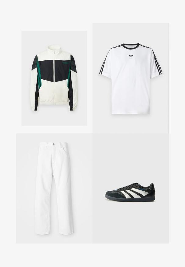Białe i czarne wiatrówka z zielonymi akcentami, z zamkiem błyskawicznym, wysokim kołnierzem, elastycznymi mankietami oraz poziomymi paskami na rękawach.; Biała koszulka z bawełny, z czarnym okrągłym dekoltem i trzema czarnymi paskami na każdym ramieniu. Małe czarne logo na klatce piersiowej.; Białe dżinsy o prostym kroju nogawki, z zapięciem na guzik i suwak z przodu, pięcioma kieszeniami i gładkim, strukturalnym wykończeniem.; adidas Performance JUDE BELLINGHAM PREDATOR FREESTYLE czarny
