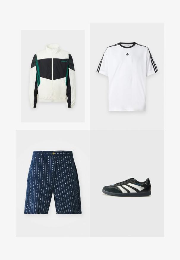 Weiße und schwarze Windjacke mit grünen Akzenten, ausgestattet mit einem Reißverschluss, hohem Kragen, elastischen Bündchen und horizontalen Streifen an den Ärmeln.; Weißes T-Shirt aus Baumwolle mit einem schwarzen, runden Halsausschnitt und drei schwarzen Streifen auf jeder Schulter. Kleines schwarzes Logo auf der Brust.; Marineblaues Shorts mit vertikalen weißen Streifen und kleinen Herzemuster, mit Knopfverschluss und Gürtelschlaufen. Aus leichtem Stoff gefertigt.; adidas Performance PREDATOR FREESTYLE JUDE INDOOR FOOTBALL SHOES - Indoor-Fußballschuhe - core black/silver-coloured/glory blue