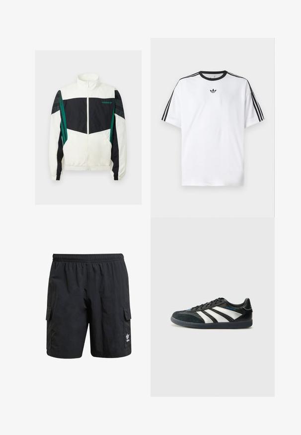 Białe i czarne wiatrówka z zielonymi akcentami, z zamkiem błyskawicznym, wysokim kołnierzem, elastycznymi mankietami oraz poziomymi paskami na rękawach.; Biała koszulka z bawełny, z czarnym okrągłym dekoltem i trzema czarnymi paskami na każdym ramieniu. Małe czarne logo na klatce piersiowej.; Czarne szorty cargo z elastycznym paskiem, dwoma bocznymi kieszeniami i logo na dolnej części nogawki. Wykonane z lekkiego materiału o gładkiej strukturze.; adidas Performance JUDE BELLINGHAM PREDATOR FREESTYLE czarny