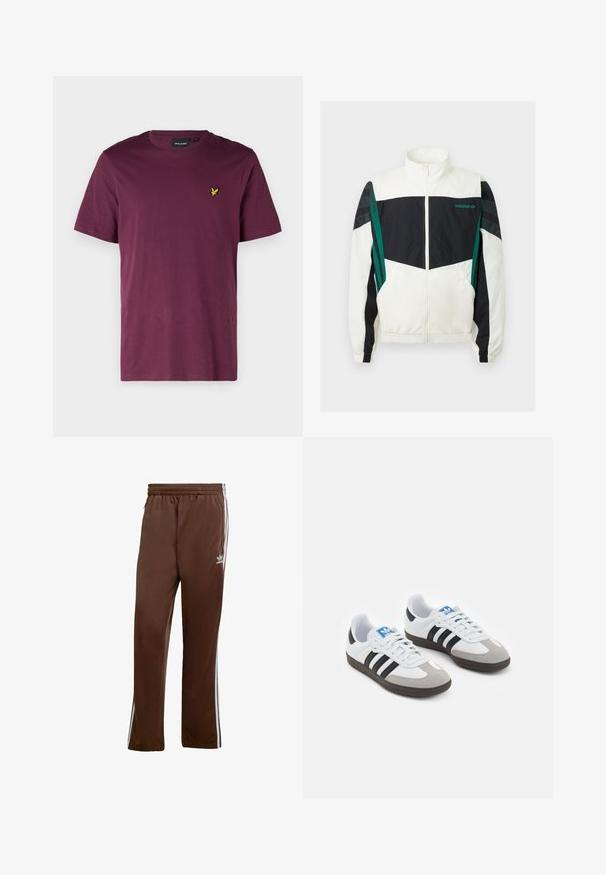 Bela in črna vetrovka z zelenimi akcenti, z zadrgo, visokim ovratnikom, elastičnimi manšetami in horizontalnimi črtami na rokavih.; Bordo bombažna majica s kratkimi rokavi in okroglim izrezom, z majhnim rumenim orlom na levi strani prsnega koša. Gladka tekstura, običajen kroj.; Rjave atletske hlače iz gladkega materiala, z belimi stranskimi črtami in elastičnim pasom. Vsebujejo žepe na obeh straneh.; Športni čevlji z belim usnjenim zgornjim delom, sivim semišem na prstih in tremi črnimi črtami. Imajo modro logo na jeziku in teksturiran gumijast podplat.