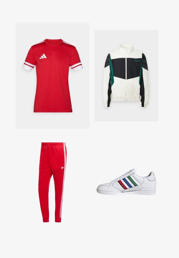 Balta un melna vēja jaka ar zaļiem akcentiem, ar rāvējslēdzēja aizdari, augstu apkakli, elastīgām aprocēm un horizontālām svītrām uz piedurknēm.; Sarkans sporta T-krekls ar īsām piedurknēm. Baltas accenti uz piedurknēm un trīs baltas svītras uz pleciem. Izgatavots no gludas, vieglas auduma.; Sarkani sporta bikses no gludas auduma, ar baltām sānu svītrām un izšūtu uzrakstu uz kreisās augšstilba daļas. Elastīga jostasvieta.; Baltas ādas sporta apavi ar trim horizontālām svītrām sarkanā, zilā un zaļā krāsā. Apaļa purngala daļa, strukturēts virsējais slānis un mīkstināta kakla daļa.