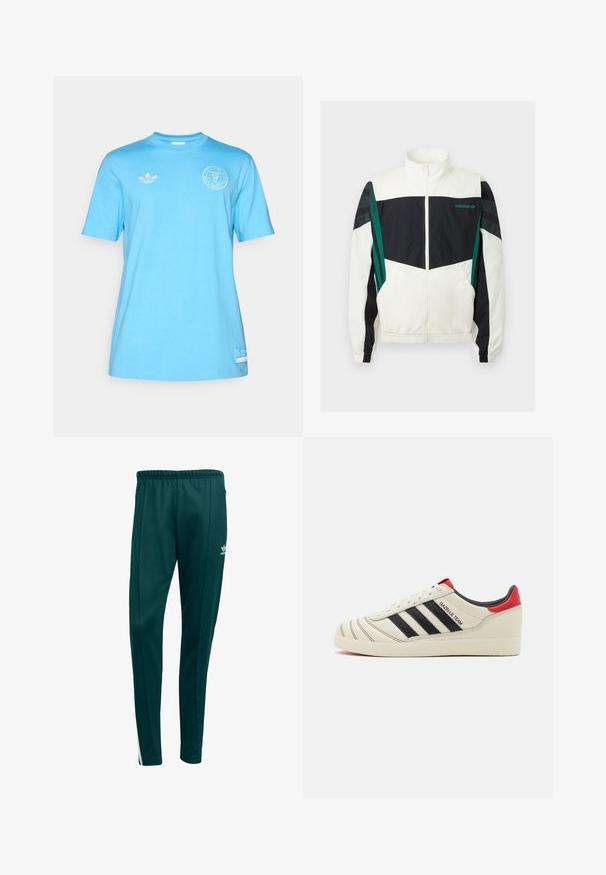 Corta-vento preto e branco com detalhes verdes, apresentando fecho com zíper, gola alta, punhos elásticos e riscas horizontais nas mangas.; T-shirt de algodão azul claro com mangas curtas, decote redondo, logótipo da Adidas bordado no lado esquerdo do peito e um patch na parte inferior.; Calças de desporto em verde escuro com um corte ajustado, cintura elástica, bolsos laterais com fecho e riscas brancas nas laterais. Feitas de um material suave e respirável.; Tênis de couro creme com riscas pretas, detalhes em vermelho no calcanhar e texturas. Possui sola de borracha e fecho com atacadores.