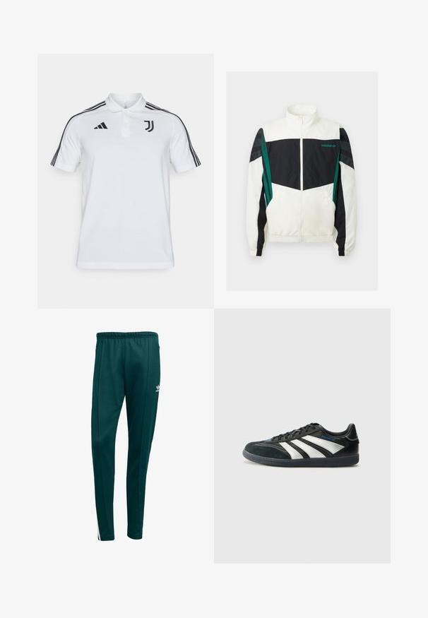 Corta-vento preto e branco com detalhes verdes, apresentando fecho com zíper, gola alta, punhos elásticos e riscas horizontais nas mangas.; Camisa polo branca com três riscas pretas em cada ombro, logotipo preto da Adidas e emblema da Juventus no peito. Material em algodão.; Calças de desporto em verde escuro com um corte ajustado, cintura elástica, bolsos laterais com fecho e riscas brancas nas laterais. Feitas de um material suave e respirável.; adidas Performance PREDATOR FREESTYLE JUDE INDOOR FOOTBALL SHOES - Botas de futebol de salão - core black/silver-coloured/glory blue
