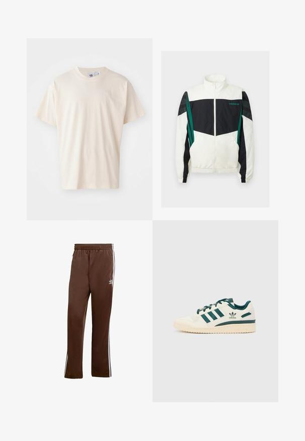 Hvit og svart vindjakke med grønne detaljer, som har glidelås, høy krage, elastiske mansjetter og horisontale striper på ermene.; Kremfarget bomullst-skjorte med rund hals og korte ermer; har en liten, lysfarget logo på brystet.; Brune treningsbukser laget av glatt stoff, med hvite sidelister og elastisk liv. Inkluderer lommer på begge sider.; Hvit sneaker med grønne aksenter. Har tre grønne striper, teksturert tåhette og logo på siden. Gummisåle med teksturert mønster.
