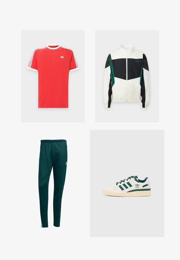 Jachetă de vânt albă și neagră cu accente verzi, având închidere cu fermoar, guler înalt, manșete elastice și dungi orizontale pe mâneci.; Tricou din bumbac roșu cu guler și mâneci albe. Prezintă un design cu trei dungi albe pe umeri și un mic logo alb pe piept.; Pantaloni sportivi de culoare verde închis, cu croială ajustată, talie elastică, buzunare laterale cu fermoar și dungi albe pe laterale. Realizați dintr-un material moale și respirabil.; Adidași albi cu accente verzi. Prezintă trei dungi verzi, vârf texturat și logo pe lateral. Talpă din cauciuc cu model texturat.