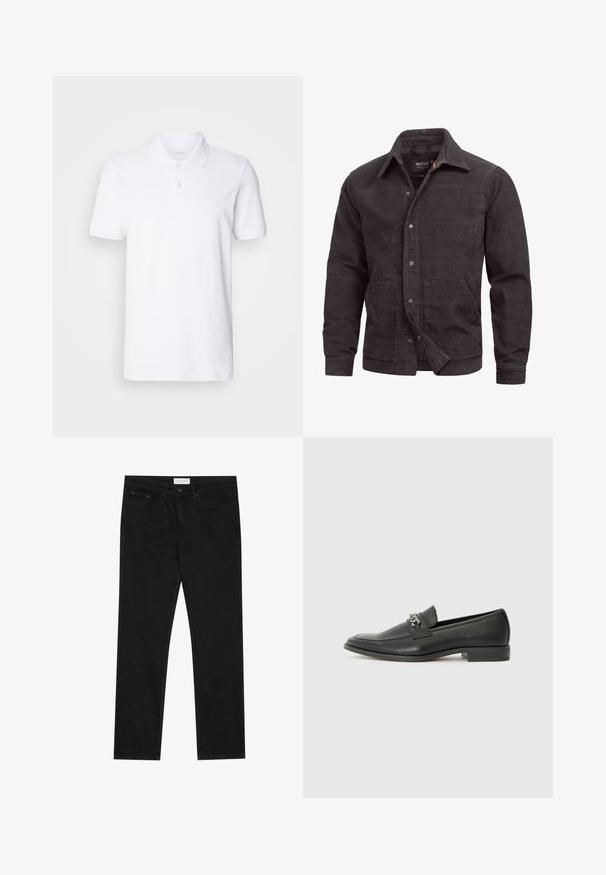 Čierna kordurová bunda s gombíkovou prednou časťou, dvoma prednými vreckami, špicatým golierom a rebrovanými manžetami. Textúrovaná látka s horizontálnymi pruhmi.; Ecoalf MAN - Polokošeľa - white; Čierne džínsy rovného strihu s piatimi vreckami, zapínanie na gombík a zips a s etiketou značky Pier One na páse.; Čierne kožené loafers s hladkým povrchom, s prešitým dizajnom a dekoratívnym kovovým reťazovým akcentom cez priehlavok. Plochý podpätok.