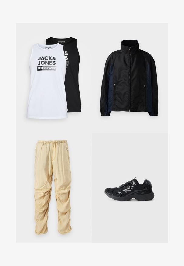 Μαύρο και ναυτικό μπλέ αδιάβροχο μπουφάν με ψηλό γιακά, μπροστινό φερμουάρ και πλαϊνές τσέπες με ελαστικές μανσέτες και λεία υφή.; Σέτ από δύο αμάνικα μπλουζάκια σε λευκό και μαύρο. Το ύφασμα είναι απαλό βαμβάκι. Στο μπροστινό μέρος αναγράφεται με έντονα μαύρα γράμματα "JACK & JONES PERFORMANCE".; Ανοιχτό μπεζ νάιλον παντελόνι cargo με ρυθμιζόμενα κορδόνια στη μέση και φερμουάρ στις τσέπες, σχεδιασμένο με ρυτιδωτές, στοιβαγμένες λεπτομέρειες υφάσματος.; Μαύρο αθλητικό παπούτσι με πλέγμα και συνθετικές λεπτομέρειες, στρογγυλή μύτη, υφή στη σόλα και σε αντίθεση γυαλιστερά στοιχεία στο πάνω μέρος.