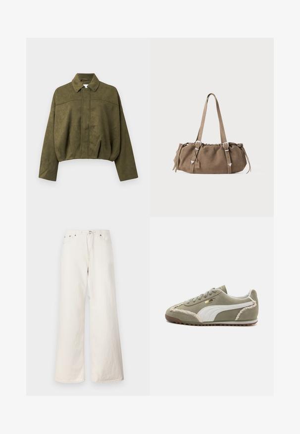 Olivengrøn, cropped jakke i blødt suede-lignende materiale. Har en standkrave, frontlynlås og løse, brede ærmer.; Beige kabelstrik sweater med rund hals, der har teksturerede diamantmønstre samt ribbede manchetter og kant. Behagelig og tyk strikdesign.; Hvide brede denimbukser med snøre i taljen, forlommer og subtile syninger. Lavet af robust bomuldsstof.; Grønne ruskind sneakers med hvide læderdetaljer, struktureret syning, snørelukning og gummisål. Har unikke designfunktioner langs siderne.; Brun ruskinds håndtaske med en samlet top, sølv hardware elementer og to skulderremme. Har en rektangulær form og et minimalistisk design.