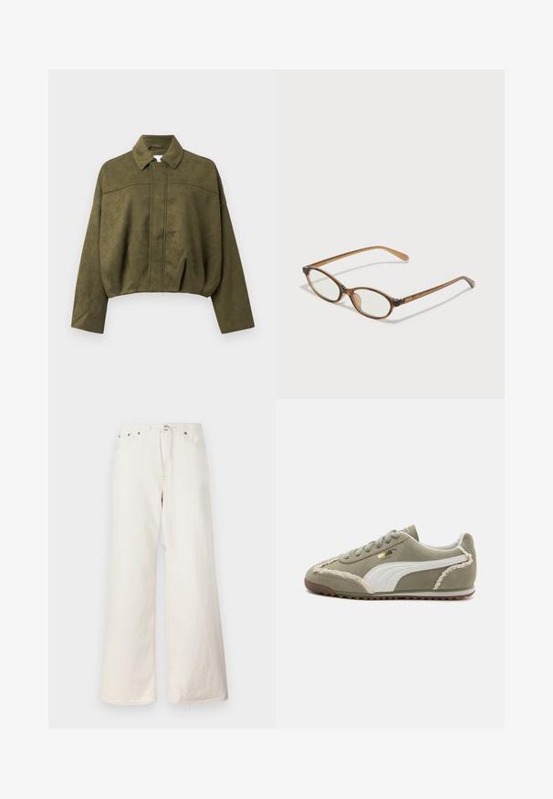 Olive green, cropped jacket in soft suede-like material. Features a stand collar, front zip closure, and loose, wide sleeves.; Beige cable-knit sweater with a round neck, featuring textured diamond patterns and ribbed cuffs and hem. Cozy and chunky knit design.; White wide-leg denim pants featuring a drawstring waist, front pockets, and subtle stitching details. Made from sturdy cotton material.; Green suede sneaker with white leather accents, textured stitching, lace-up front, and rubber sole. Features unique design details along the sides.; Brown tortoiseshell glasses with oval lenses, thin arms, and transparent accents. Features a subtle logo on the temple. Sleek, lightweight design.; Brown suede handbag with a gathered top, silver hardware accents, and two shoulder straps. Features a rectangular shape and minimal design.