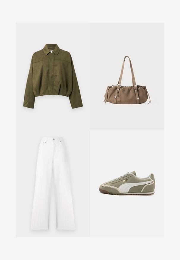 Olive roheline, lühike jakk pehme suede-taolise materjaliga. Omab püsti kaela, ees lukku ja laiu, vabalt rippuvaid varrukaid.; Beežirdest tikk-sveter, millel on ümmargune kaelus, tekstuursete teemantimustrite ja ribadega varrukate ning alläärtega. Mugav ja jäme kudum.; Valged laiad jalad teksad, kõrge vöökoht, viie tasku disain, hõbedane nupp ja tõmblukk. Valmistatud tekstuuriga denimist.; Roheline sametist toss valgete nahast detailidega, tekstuurse õmblusega, paeltega eesmises osas ja kummist tallaga. Omab ainulaadseid disainielemente külgedel.; Pruun nubukist käekott, mille ülemine osa on voltitud, hõbedased metallist detailid ja kaks õlarihma. Omab ristkülikukujulist vormi ja minimaalset disaini.