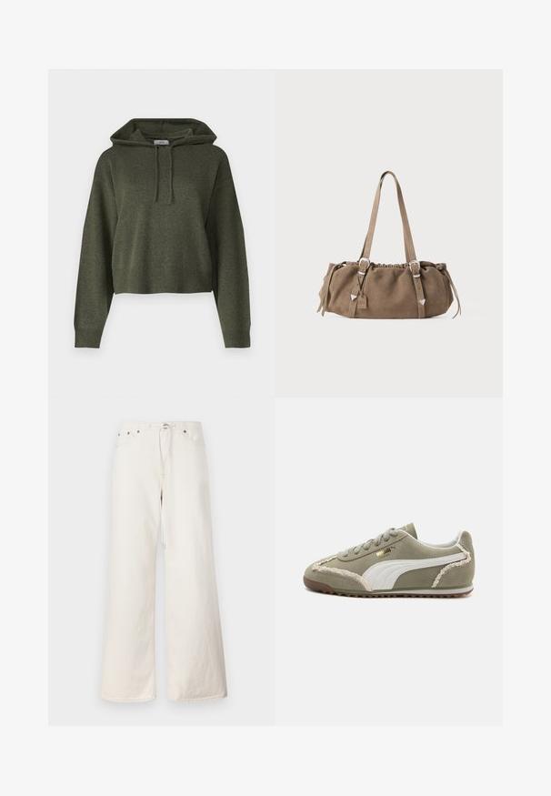 Alyvuogių žalia, apkirpta striukė, pagaminta iš minkštos, odai panašios medžiagos. Turinti iškeltą apykaklę, priekinį užtrauktuką ir laisvas, plačias rankoves.; Olive spalvos trumpintas hoodie, pagamintas iš tekstūruoto audinio, su raišteliu reguliuojamu kapucu ir glamžytomis rankovėmis bei apatine dalimi. Paprastas, atsipalaidavęs dizainas.; Balti plačios kojų džinsinės kelnės su raišteliu liemens, priekinėmis kišenėmis ir subtiliomis siuvimo detalėmis. Pagamintos iš tvirto medvilninio audinio.; Žali nubuko sportbačiai su baltais odiniais akcentais, tekstūruota siuvinėjimo detalėmis, raišteliais priekyje ir guminiais padais. Yra unikalių dizaino detalių palei šonus.; Ruda zamšinė rankinė su susirinkusia viršūne, sidabro spalvos detalėmis ir dviem petinėmis rankenomis. Ypatybė - stačiakampis forma ir minimalus dizainas.