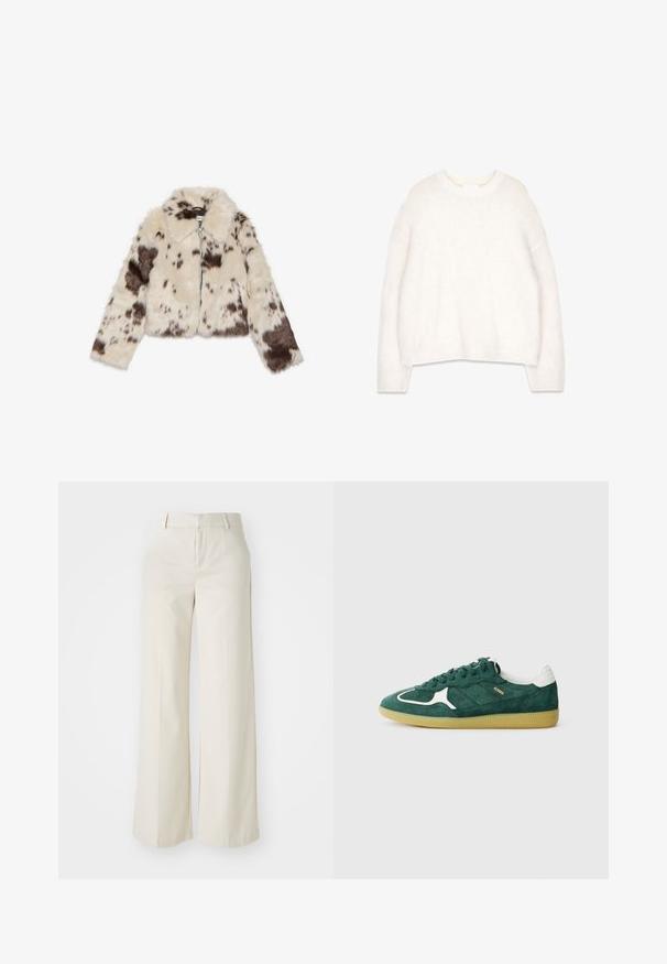 Falošná kožušinová skrátená bunda v krémovej farbe s tmavohnedými škvrnami, s golierom a predným zipsom. Mäkká textura a vzorovaný dizajn.; Biely, nadýchaný sveter s okrúhlym výstrihom, dlhými rukávmi a uvoľneným strihom. Vyrobený z mäkkej, textúrovanej látky, s rebrovanými manžetami a lemom.; Široké nohavice svetlej béžovej farby, vyrobené z hladkej textílie. Majú klasický pás a rovný predok s čistými líniami.; Zelené semišové tenisky s bielymi akcentmi, perforovanými detailmi a textúrovanou gumovou podrážkou. Majú okrúhle šnúrky a polstrovaný opätok.
