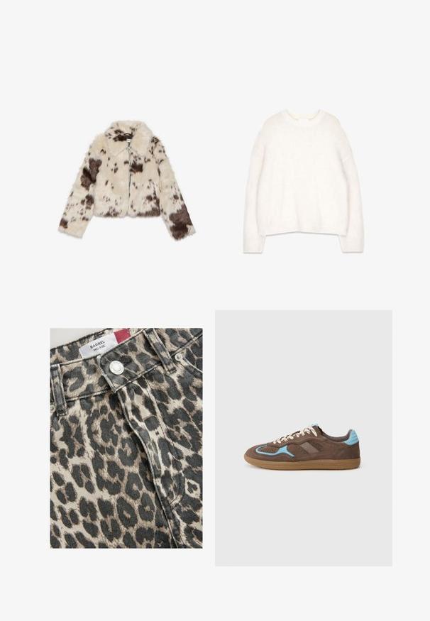 Kreem värvi faux fur lühike jakk tumedate prinditud laikudega, millel on krae ja esi tõmblik. Pehme tekstuur ja mustriline disain.; Valge, koheline kampsun ümmarguse kaelusega, pikkade varrukatega ja lõdva lõikega. Valmistatud pehmest, struktuursest kangast, millel on soonikvarrukad ja äär.; Next TALL FIT - BARREL - Avar lõikega teksad - leopard print; Pruuni seemisneaker heledate siniste detailidega, valgete lipsudega ja kummikummist tallaga, näidatud külgvaates lihtsal valgel taustal.