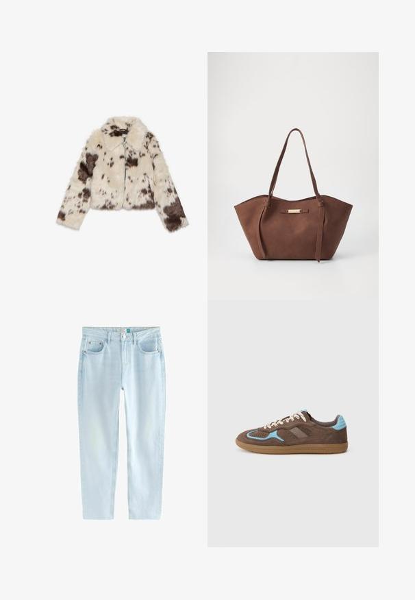 Kurtka z sztucznego futra w kolorze kremowym w ciemne brązowe plamy, z kołnierzem i zamkiem błyskawicznym z przodu. Miękka tekstura i wzorzysta konstrukcja.; Biały, puszysty sweter z okrągłym dekoltem, długimi rękawami i luźnym krojem. Wykonany z miękkiego, teksturowanego materiału, z prążkowanymi mankietami i dolnym brzegiem.; Jasnoniebieskie dżinsy straight-leg z denimu o wyblakłym wykończeniu, z dwoma przednimi kieszeniami, kontrastowym przeszyciem i zapięciem na guzik.; Brązowe zamszowe sneakersy z jasnoniebieskimi akcentami, białymi sznurówkami i gumową podeszwą, przedstawione w profilu bocznym na jednolitym białym tle.; Anna Field - Torebka
