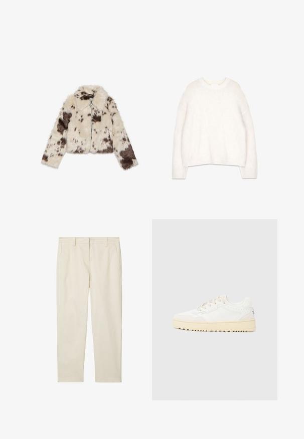 Kremskrāsas mākslīgās kažokādas īsā jaka ar tumši brūniem pleķiem, ar apkakli un priekšējo rāvējslēdzēju. Mīksta tekstūra un rakstains dizains.; Balts, pūkains džemperis ar apaļu kakla izgriezumu, garām piedurknēm un brīvu piegriezumu. Izgatavots no mīkstas, teksturētas auduma, ar ribotām piedurknēm un apakšmalu.; Marc O'Polo MODERN STYLE TAPERED LEG HIGH RISE WELT POCKET - Chinos tipa bikses - chalky sand; Baltie kedas ar teksturētu ādas virsu, bēša akcentiem, apaļu purngalu un biezām teksturētām gumijas zolēm. Iespējots sešu mežģīņu caurumu dizains.