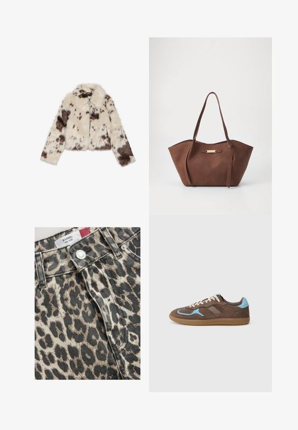 Nepbont cropped jack in crème met donkerbruine vlekken, voorzien van een kraag en een rits aan de voorkant. Zachte textuur en patroonontwerp.; Witte, dikke trui met een ronde hals, lange mouwen en een ontspannen pasvorm. Gemaakt van zachte, gestructureerde stof, met ribgebreide mouwen en zoom.; Middenlange spijkerbroek met panterprint van denim, bestaande uit een mix van beige en zwarte kleuren; voorzien van een metalen knoop en een sluiting aan de voorkant.; Bruine suède sneaker met lichtblauwe accenten, witte veters en een gumrubberen zool, weergegeven inzijaanzicht op een effen witte achtergrond.; Anna Field Handtas - brown
