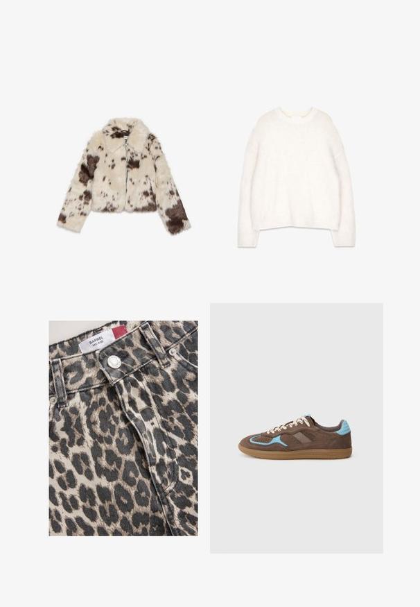 Kratka jakna iz umetnega krzna v kremni barvi z rjavimi madeži, s ovratnikom in sprednjim zadrgo. Mehka tekstura in vzorčasta zasnova.; Bela, puhasta pulover s okroglo ovratnikom, dolgimi rokavi in sproščenim krojem. Narejen iz mehkega, teksturiranega blaga, z rebrastimi manšetami in robom.; Jeans tkanina z leopardjim vzorcem ima srednje visoko pas in zapiranje na srebrni gumb. Tekstura je groba, prikazuje naravni tkanje jeansa.; Rjav semišni športni copat z svetlo modrimi detajli, belimi vezalkami in gumijastim podplatom, prikazan v stranskem profilu na belem ozadju.