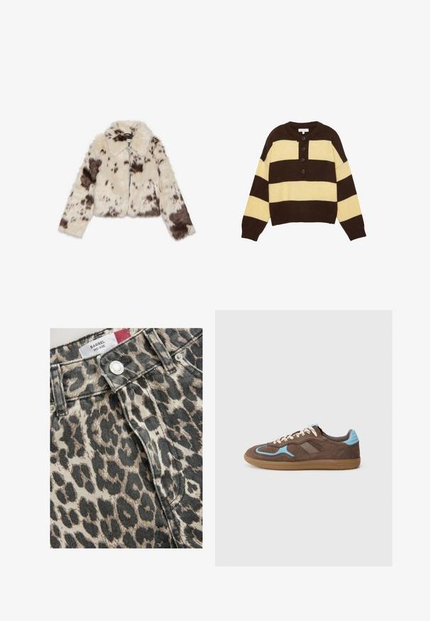 Veste courte en fausse fourrure crème avec des taches marron foncé, dotée d'un col et d'un zip à l'avant. Texture douce et design à motifs.; Pull en tricot avec des rayures horizontales marron et jaune, présentant un col rond et trois boutons à l'avant pour la fermeture. Design court.; Next TALL FIT - BARREL - Jean boyfriend - leopard print; Baskets en suède marron avec des touches de bleu clair, lacets blancs et semelle en caoutchouc, présentées en profil sur un fond blanc uni.