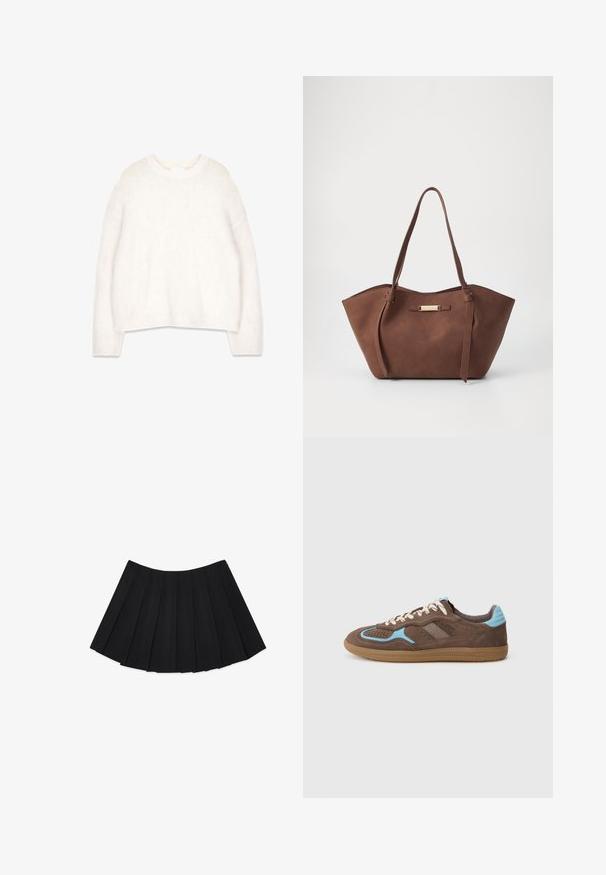 Kratka jakna iz umetnega krzna v kremni barvi z rjavimi madeži, s ovratnikom in sprednjim zadrgo. Mehka tekstura in vzorčasta zasnova.; Bela, puhasta pulover s okroglo ovratnikom, dolgimi rokavi in sproščenim krojem. Narejen iz mehkega, teksturiranega blaga, z rebrastimi manšetami in robom.; Črna nabrana krila z več navpičnimi pregibi, gladko teksturo in krožno robom, zasnovana s skrito stransko zadrgo.; Rjav semišni športni copat z svetlo modrimi detajli, belimi vezalkami in gumijastim podplatom, prikazan v stranskem profilu na belem ozadju.; Anna Field Torbica - brown