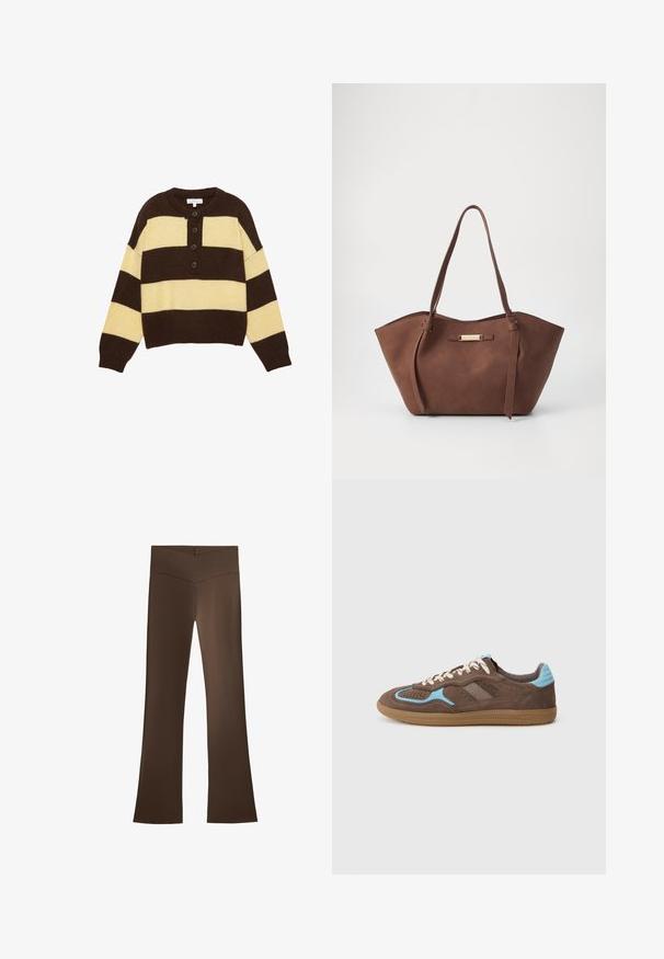 Jachetă scurtă din blană falsă în crem, cu pete maronii închise, având guler și fermoar frontal. Textură moale și design cu model.; Pulover tricotat cu dungi orizontale maro și galbene, cu guler rotund și trei nasturi în față pentru închidere. Design scurt.; Pantaloni maro evazați cu talie înaltă, având un design în cruce. Fabricat dintr-un material neted și elastic pentru confort și potrivire.; Tenisi din suede maro cu accente bleu deschis, șireturi albe și talpă din cauciuc, prezentați din profil lateral pe fundal alb simplu.; Anna Field Geantă de mână - brown