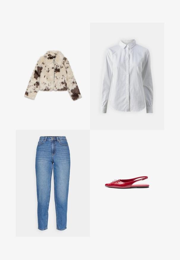 Faux fur kort jakke i krem med mørkebrune prikker, med krage og glidelås foran. Myk tekstur og mønstrete design.; Hvit skjorte med knapper laget av glatt bomull, med klassisk krage, lange ermer og buet skjær. Knapper er små og hvite.; Blå denimjeans med høy midje, rett ben-design og subtil falming. Klassisk fem-lomme-stil med knappelukking.; Rød lær slingback leplesko med spiss tå og dekorativ snøring foran, med en smal ankelrem og flat såle.