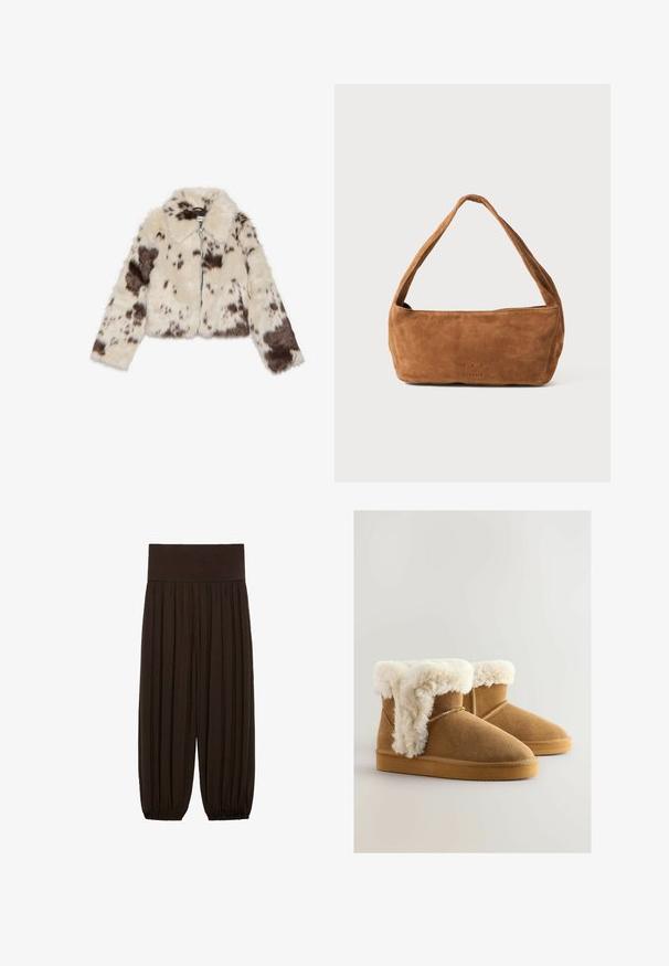 Veste courte en fausse fourrure crème avec des taches marron foncé, dotée d'un col et d'un zip à l'avant. Texture douce et design à motifs.; Chemise grise à manches longues en mélange de coton léger, dotée d'un col rond et d'une texture unie sans motifs ni accents.; Pantalons plissés marron avec une large taille élastique. Le tissu est léger et texturé, avec des ourlets froncés aux poignets.; Bottines en suède marron avec un large bord en fausse fourrure blanche, bout arrondi et semelle en caoutchouc plate. Détails de couture sur les côtés.; Sac à main en daim marron avec une texture douce, de forme rectangulaire et une large bandoulière. Présente une lettrage en relief subtil sur le devant.