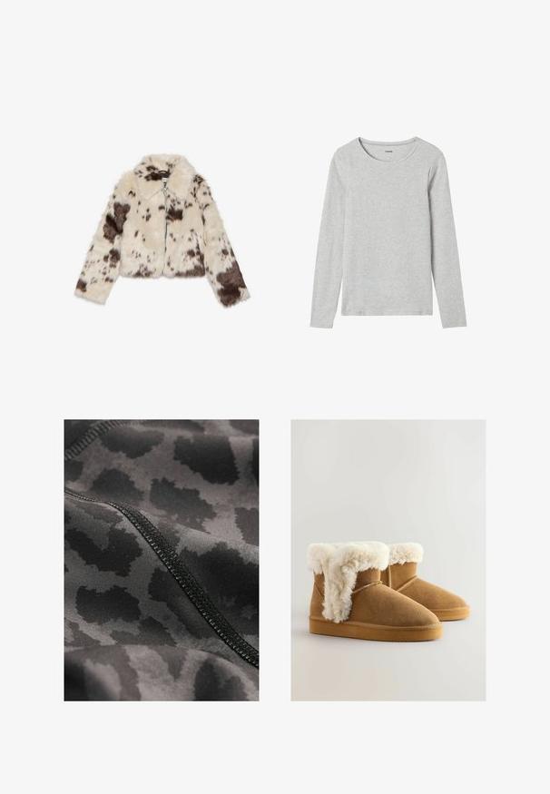 Cropped Jacke aus Kunstfell in Creme mit dunkelbraunen Flecken, ausgestattet mit einem Kragen und einem Frontreißverschluss. Weiche Textur und gemustertes Design.; Graues Langarmhemd aus leichtem Baumwollmix mit Rundhalsausschnitt und schlichter Textur ohne Muster oder Akzente.; Schwarzer Sportstoff mit einem dezenten Leopardenmuster. Glatte Textur mit sichtbaren Steppnähten entlang der Ränder.; Braune Wildleder-Ankle Boots mit einem flauschigen weißen Kunstfellbund, runder Zehenpartie und flacher Gummisohle. Stichdetails entlang der Seiten.