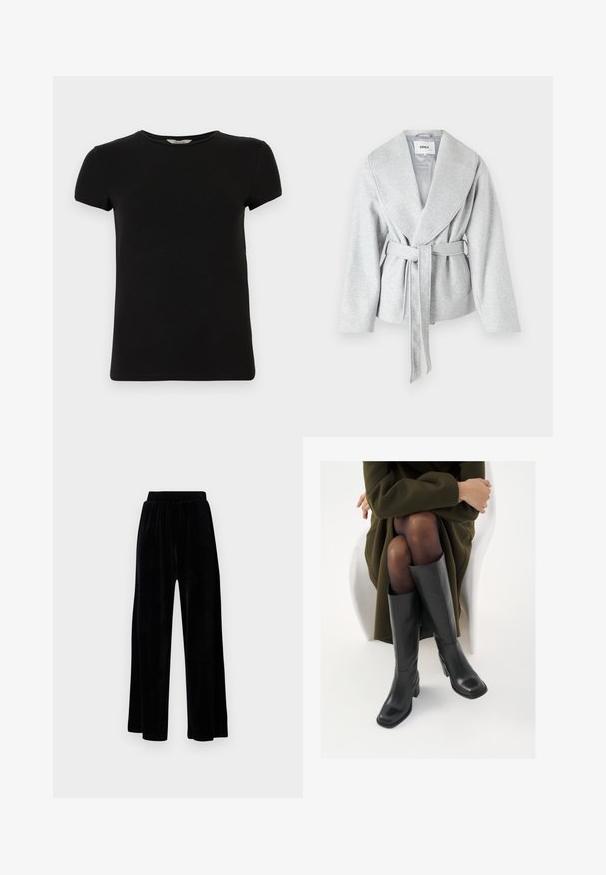 Pelēks apvalks ar lielu atloku, garām piedurknēm un jostu viduklī; izgatavots no mīksta, teksturēta auduma.; Melna īsām piedurknēm T-kreklā ar apaļu kakla izgriezumu, izgatavota no gludas kokvilnas auduma, ar vienkāršu dizainu un bez redzamām rakstām vai akcentiem.; Melni platajā stila bikses, izgatavotas no mīksta samta, ar elastīgu jostu un gludu tekstūru, bez redzamām detaļām vai rakstiem.; Ceļgalu augstuma melni ādas zābaki ar kvadrātu purngalu un bloku papēdi, attēloti modelī, kurš sēž olīvu zaļā mētelī. Gluda tekstūra, minimāla apdare.