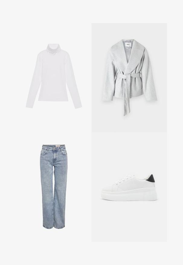 Grå indpakningsfrakke med en stor revers, lange ærmer og et bindebælte i taljen; lavet af et blødt, struktureret stof.; Hvid langærmet turtle-neck top lavet af glat, strækbart stof. Har en høj krave og tætsiddende design, uden synlige mønstre eller udsmykninger.; Lyseblå vidde jeans lavet af denim, med høj talje, fem-lomme design og subtil falmning for et slidt look.; Hvide platform sneakers lavet af glat syntetisk materiale, med en afrundet tå, snørebåndsdesign og en struktureret gummisål. Sorte hæl akcent.