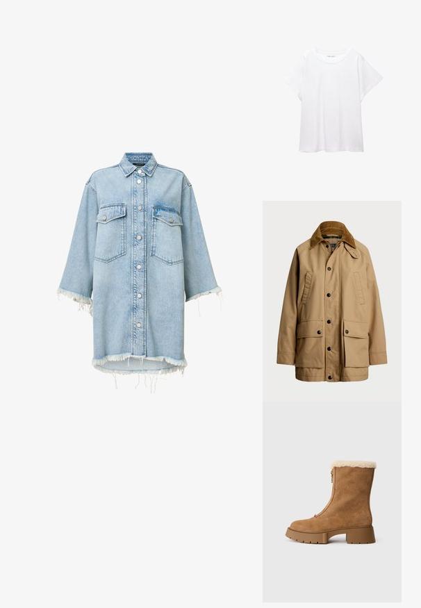 Polo Ralph Lauren COTTON UTILITY JACKET - Nyári dzseki - vintage khaki; Világoskék farmer ing, gombos elülső résszel, két mellzsebbel, elszakadt szegéllyel és széles ujjakkal. Klasszikus gallérral és elhalványult textúrával rendelkezik.; Fehér póló, puha, könnyű anyagból készült. Kerek nyakú, rövid, széles ujjaival és laza szabásával rendelkezik. Nincsenek látható minták.; Barna velúr bokacsizma bolyhos krém béleléssel, oldalsó cipzárral és vastag gumitalppal. Jellemzője a sima felület és a kerek orr.