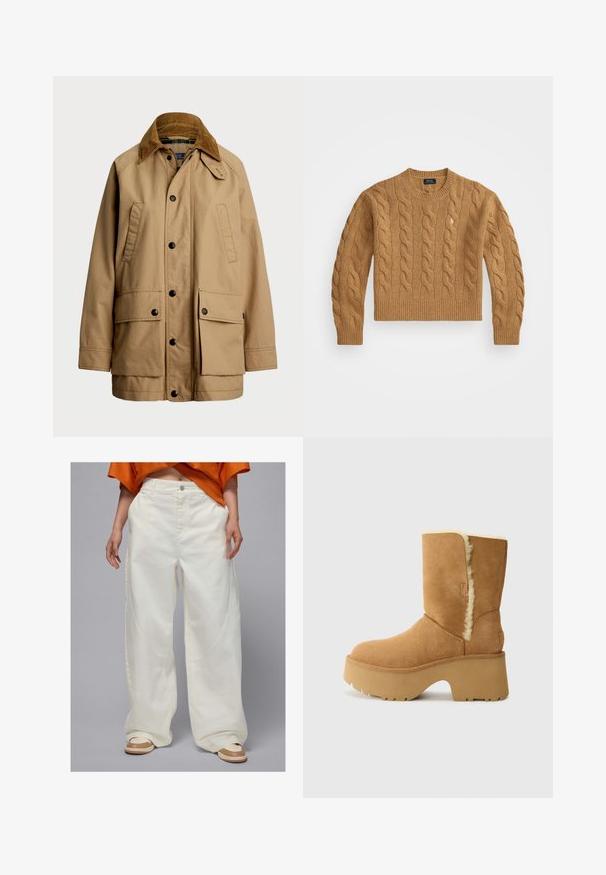 Polo Ralph Lauren COTTON UTILITY JACKET - Poletna jakna - vintage khaki; Rjava pletena jopica z okroglim ovratnikom, rebrastimi manšetami in robom, z majhnim logotipom na prsih, izdelana iz teksturirane tkanine.; Široke bele kavbojke z žepi na straneh in naravnim krojem, ki vključujejo gumbasto zapiranje in kontrastne šive.; UGG NEW HEIGHTS CUFF - Zimski škornji - chestnut