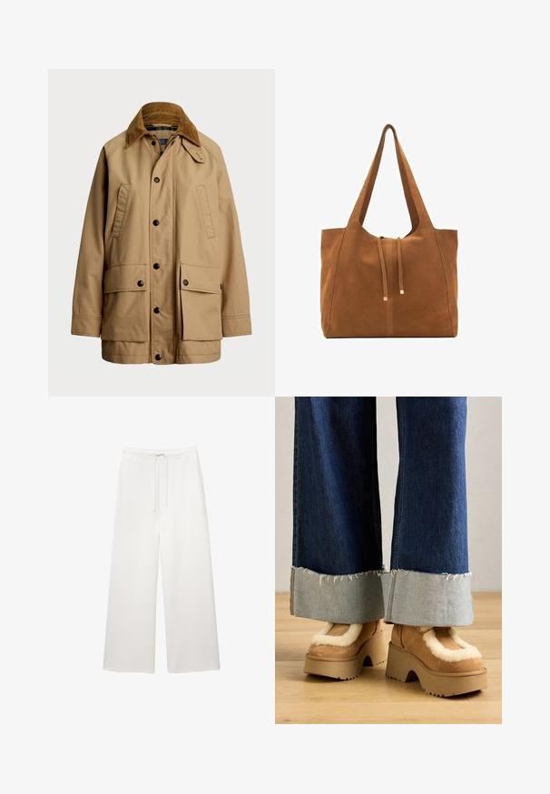 Polo Ralph Lauren COTTON UTILITY JACKET - Let jakke / Sommerjakker - vintage khaki; Hvid T-shirt lavet af blødt, let stof. Har en rund halsudskæring og korte, brede ærmer med en afslappet pasform. Ingen synlige mønstre.; Løse hvide bukser med brede ben, elastisk talje og snor, designet til afslappet brug.; Brune ruskinds platform støvler med cremefarvet pelsfor, parret med brede denimbukser med rå afslutninger og en lysere denimsmock.; Brun ruskinds-tote med to lange stropper, snørelukning og minimalistisk design. Glat tekstur og ingen synlige hardware-detaljer.