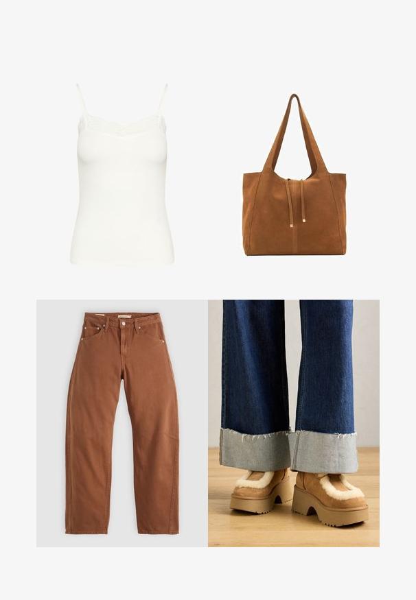 Polo Ralph Lauren COTTON UTILITY JACKET - Let jakke / Sommerjakker - vintage khaki; Hvid rillet cami-top med justerbare spaghetti-stropper og delikat blondekant langs udskæringen. Blødt, strækbart materiale. Tætsiddende design.; Rustbrune straight-leg jeans med for- og baglommer, metalnitter, knaplukning og bæltestropper, lagt fladt på en hvid baggrund.; Brune ruskinds platform støvler med cremefarvet pelsfor, parret med brede denimbukser med rå afslutninger og en lysere denimsmock.; Brun ruskinds-tote med to lange stropper, snørelukning og minimalistisk design. Glat tekstur og ingen synlige hardware-detaljer.